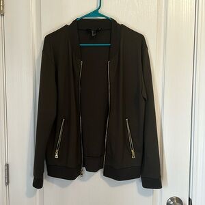 Army Green bomber jacket with gold zippers.